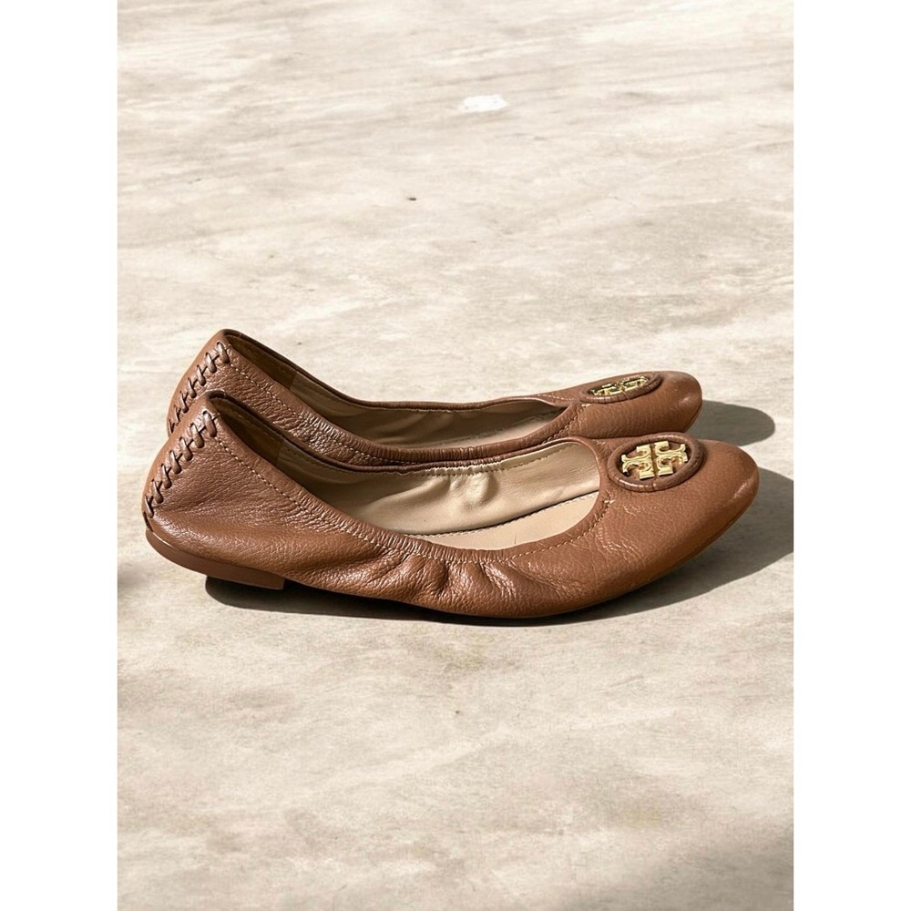 Tory Burch Reva Ballet Flats Brown Pebbled Leather Gold Logo Size 8.5 $298